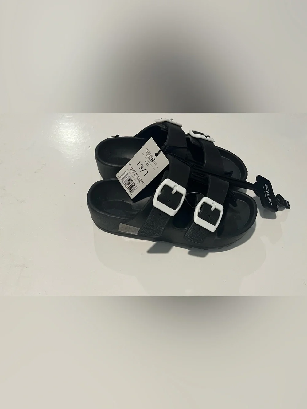 Kids Black Double-Buckle Slide Sandals with White Buckles